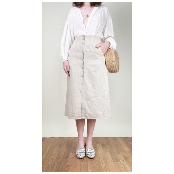 Vintage Linen Button Down Midi Skirt A-line Old Money Quiet Luxury French Girl - Picture 2 of 9